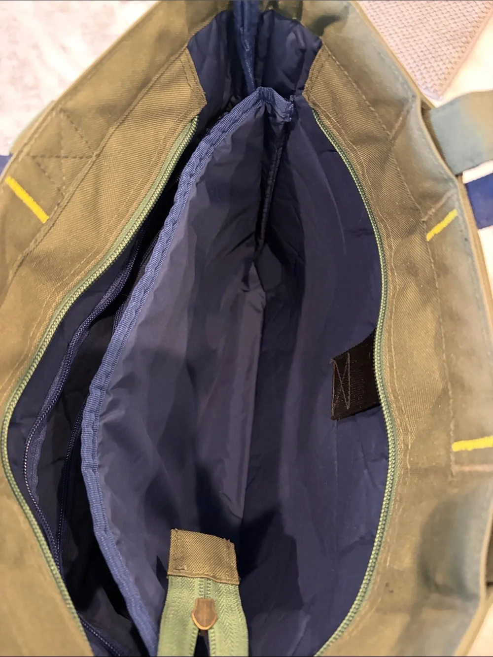 Olive & Navy Canvas Tote Bag with Yellow Accent